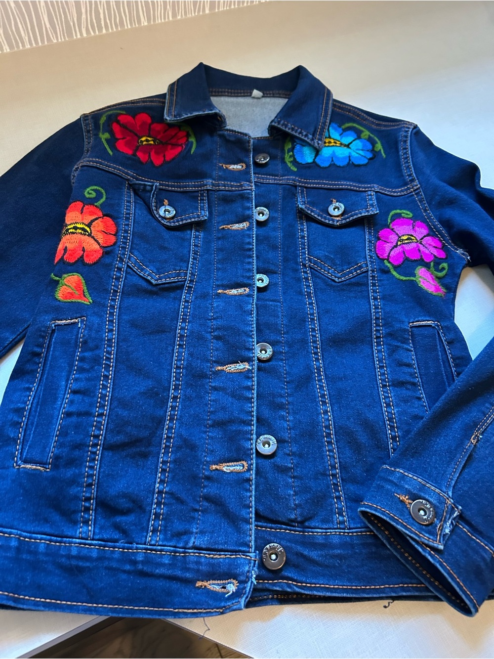 Vibrant Embroidered Floral Dark Blue Denim Jacket. Size S